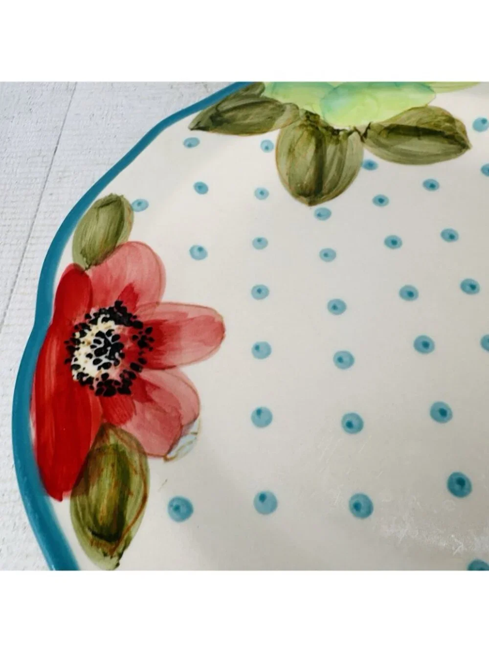 The Pioneer Woman VINTAGE BLOOM Scallop Floral  Teal Trim Stoneware Dinner Set 3